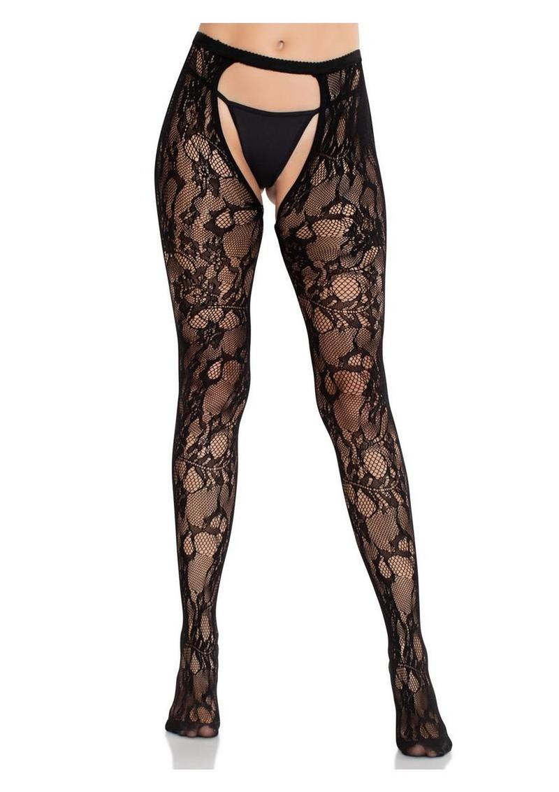 Eyelet Rose Lace Crotchless Tights with Cheeky Open Back