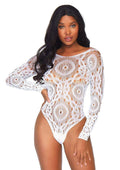 Leg Avenue Crochet Lace Long Sleeved Snap Crotch Thong Back Bodysuit - White - Large/Medium