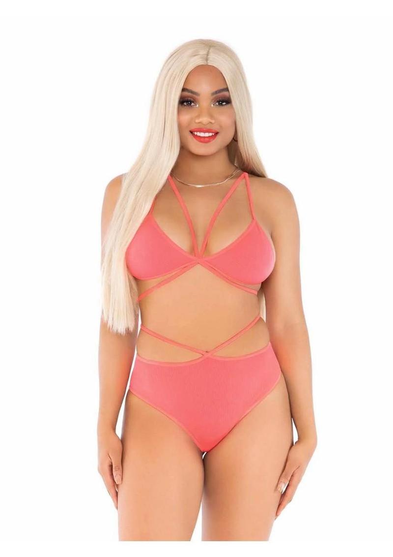 Leg Avenue Opaque Cage Strap Bra Top and Strappy Brazilian Briefs - Orange - One Size