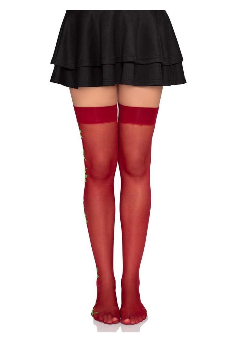 Leg Avenue Spandex Sheer Thigh Highs with Embroidered Rose Side Detail