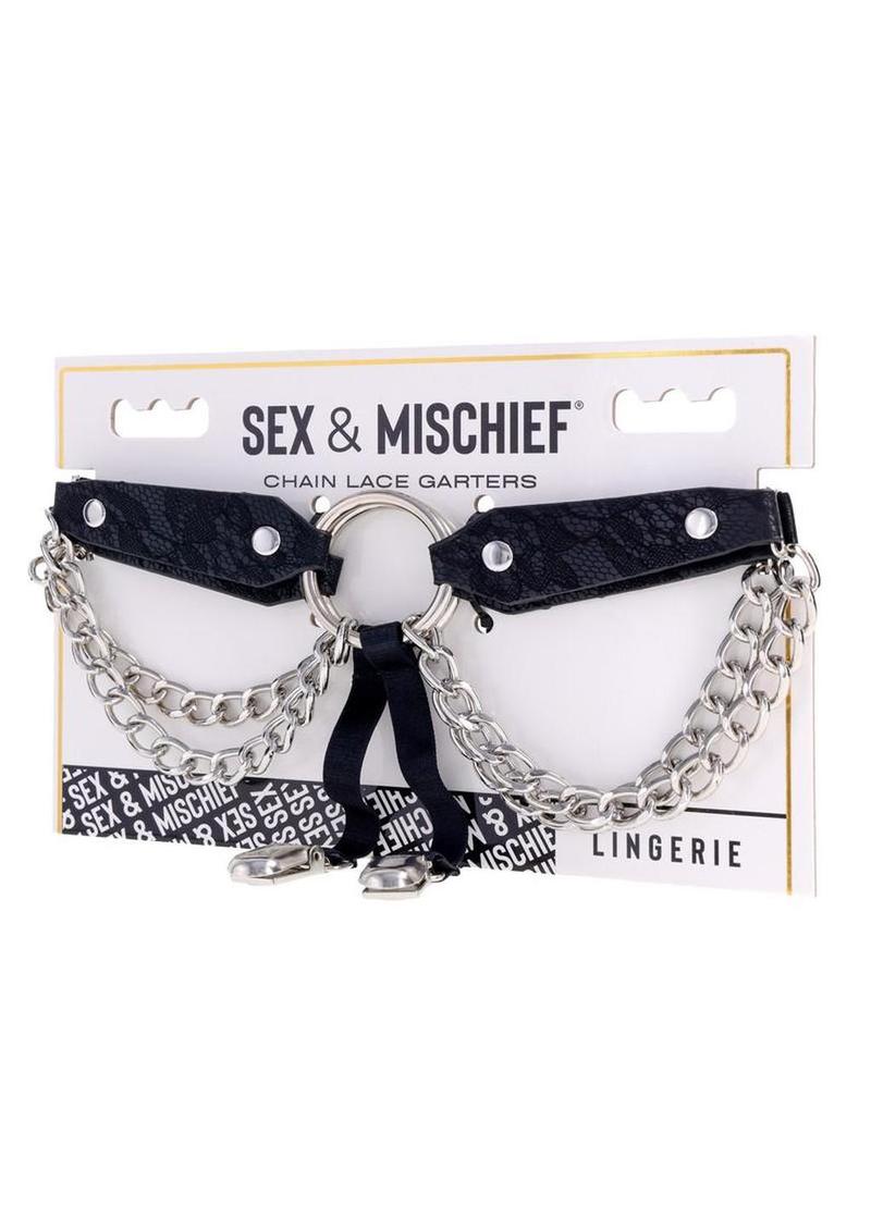 Sex and Mischief Chain Lace Garters - Black/Silver